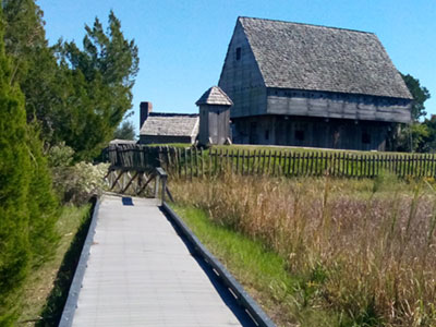 Fort King George walkway and historic buildings